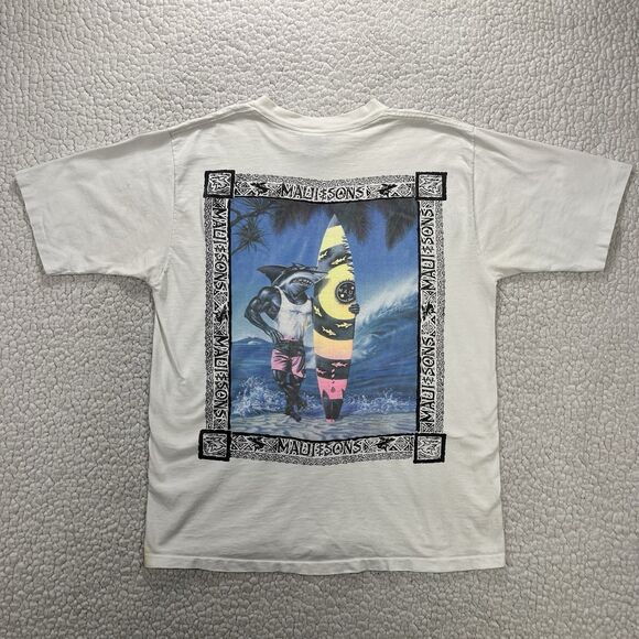 Vintage 90s Maui and Sons Shark Surf T-Shirt USA Made Big Graphic T-Shirt Sz L - Picture 1 of 12